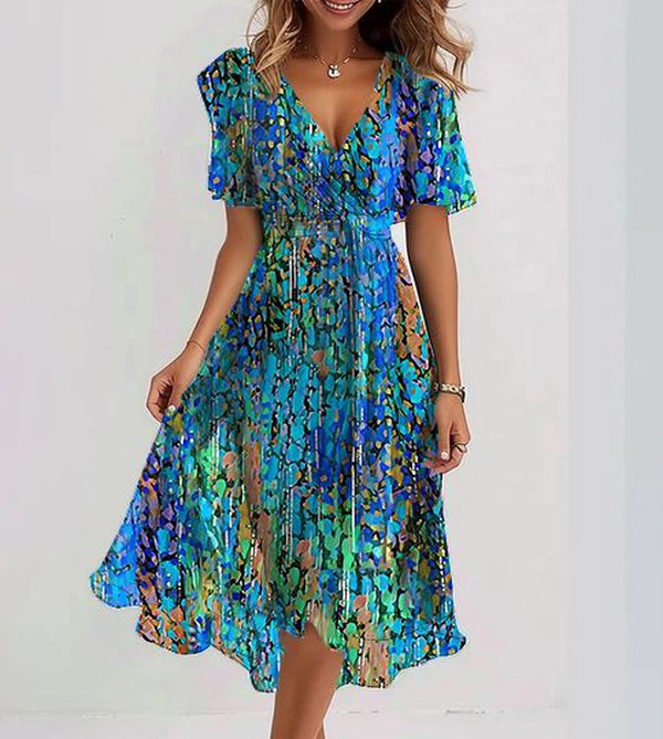 Flomena™ - Elegant V Neck Floral Chiffon Midi Dress