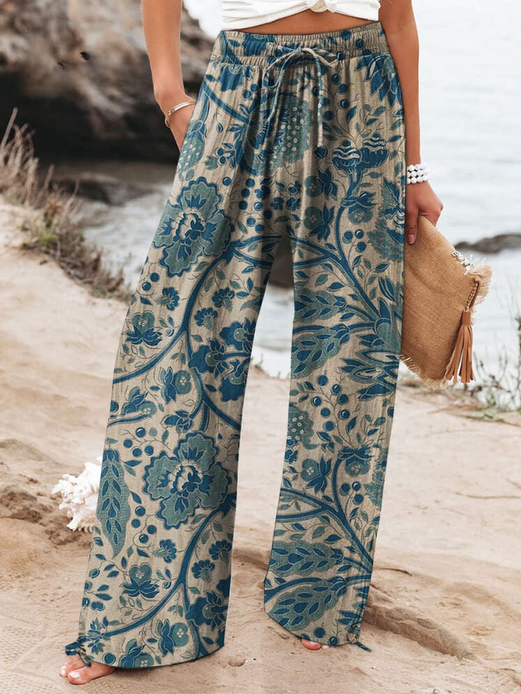 Thea™ - Casual Women's Cotton and Linen Trousers with Floral Art Print