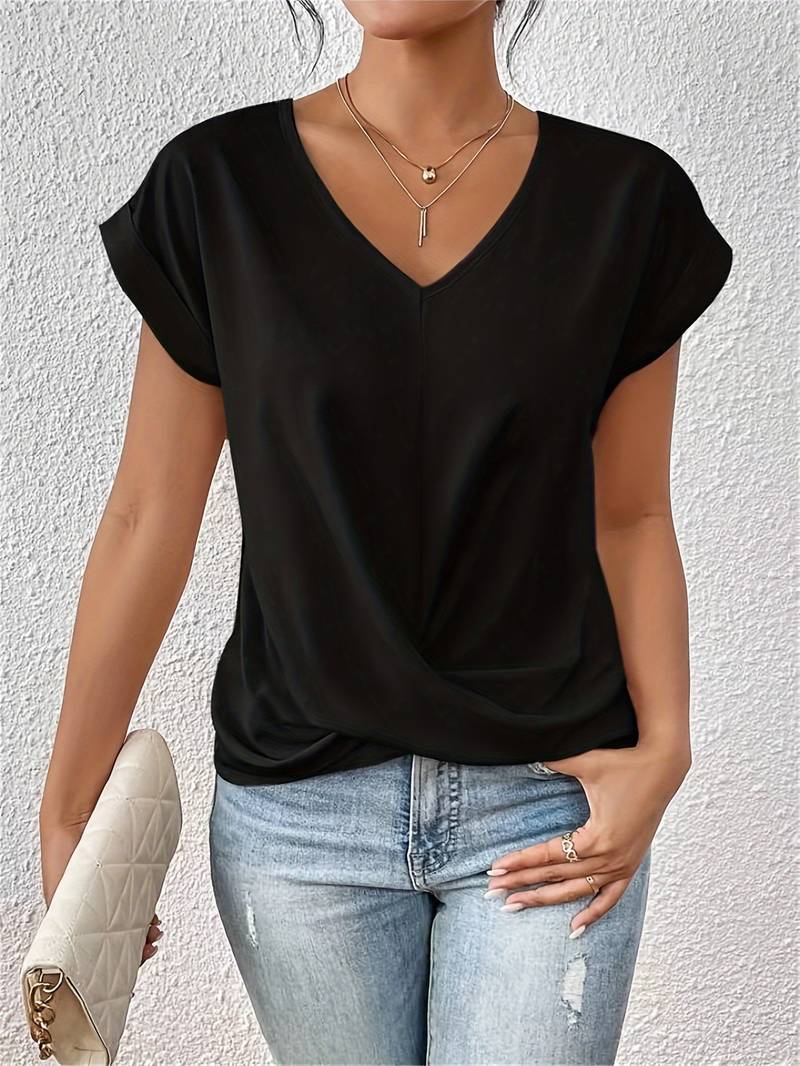 Aniely™ - Fashion V Neck Short Sleeve Women's Blouse