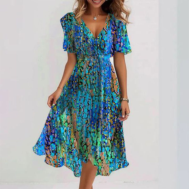 Flomena™ - Elegant V Neck Floral Chiffon Midi Dress