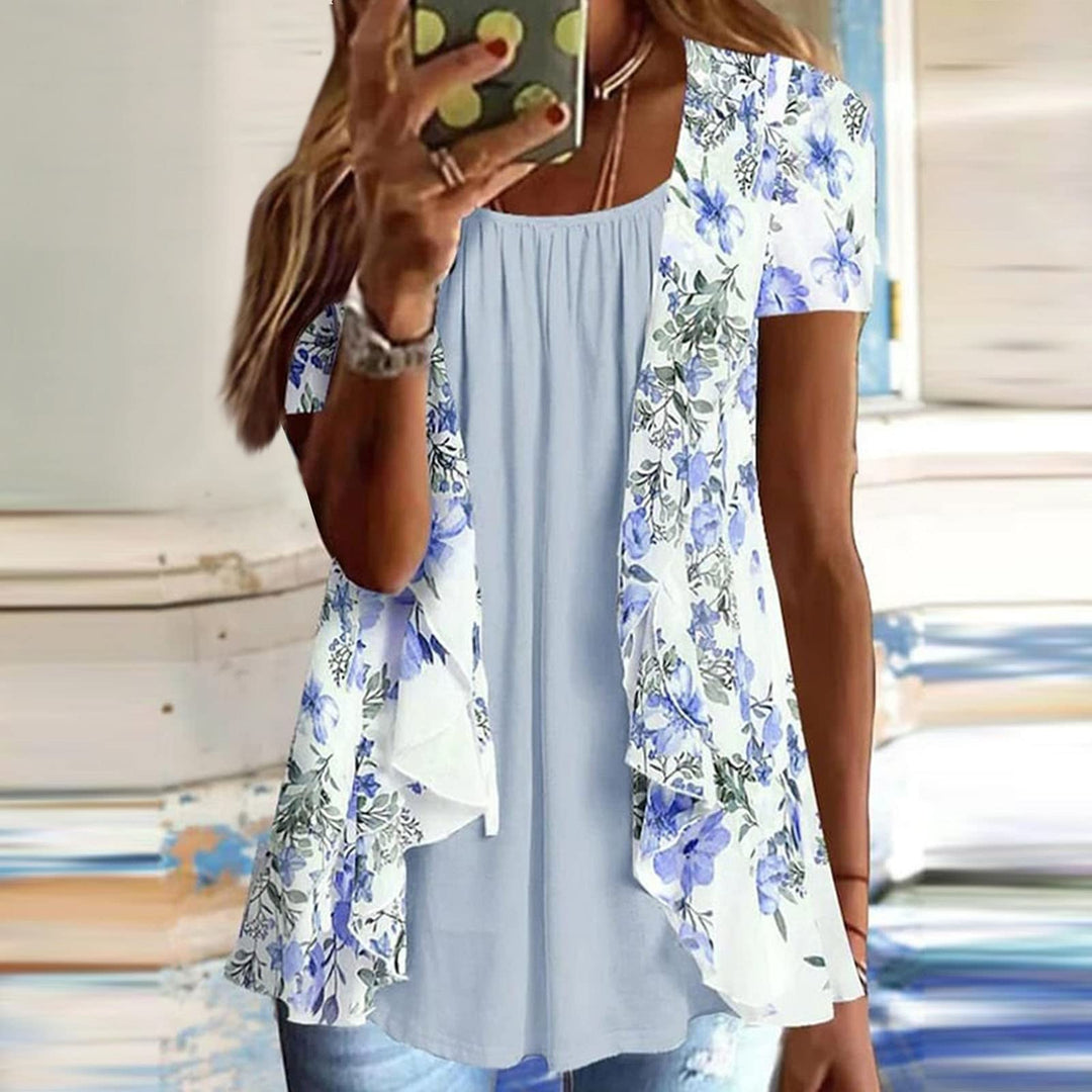 Lexi™ - Blouses for Women Dressy Casual Crewneck Short Sleeve T Shirts Summer Elegant Floral Printed Cardigan Two Piece Tops