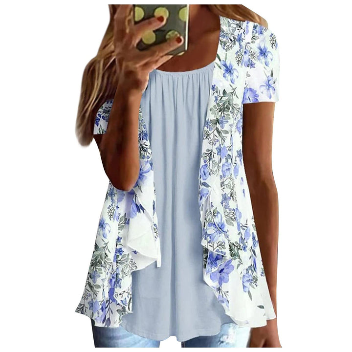 Lexi™ - Blouses for Women Dressy Casual Crewneck Short Sleeve T Shirts Summer Elegant Floral Printed Cardigan Two Piece Tops