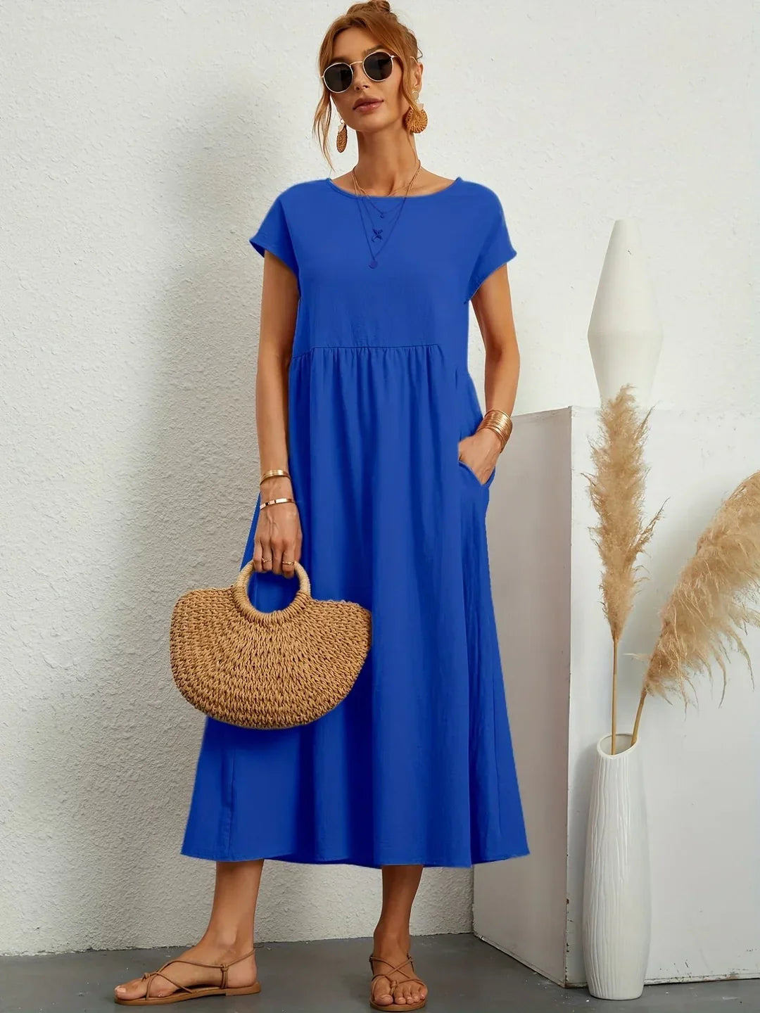 Osana™ - Elegant Short Sleeve Cotton Pleated Dress