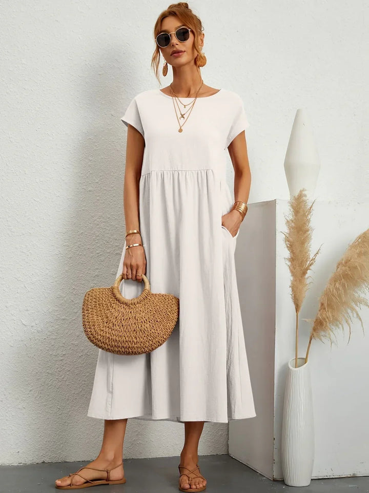 Osana™ - Elegant Short Sleeve Cotton Pleated Dress