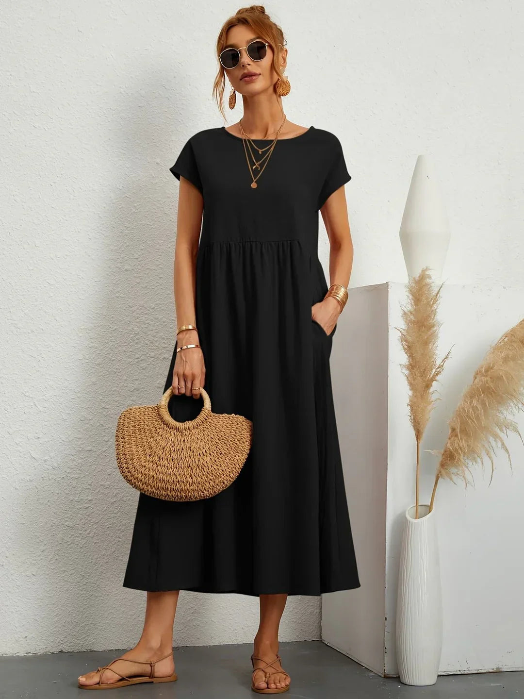 Osana™ - Elegant Short Sleeve Cotton Pleated Dress