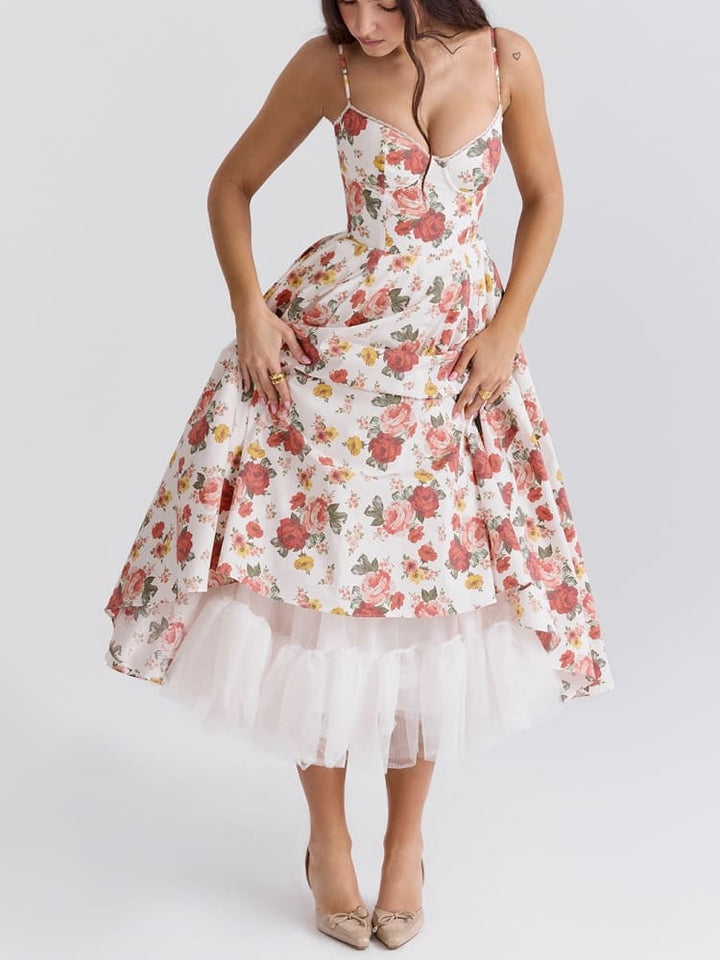 Marzia™ - Rose Print Tulle Midi Dress